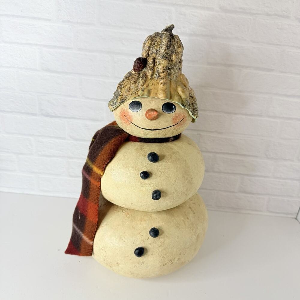 Handpainted Gourd SNOWMAN Figure Statue Figurine Winter Buttons Scarf Folk Art